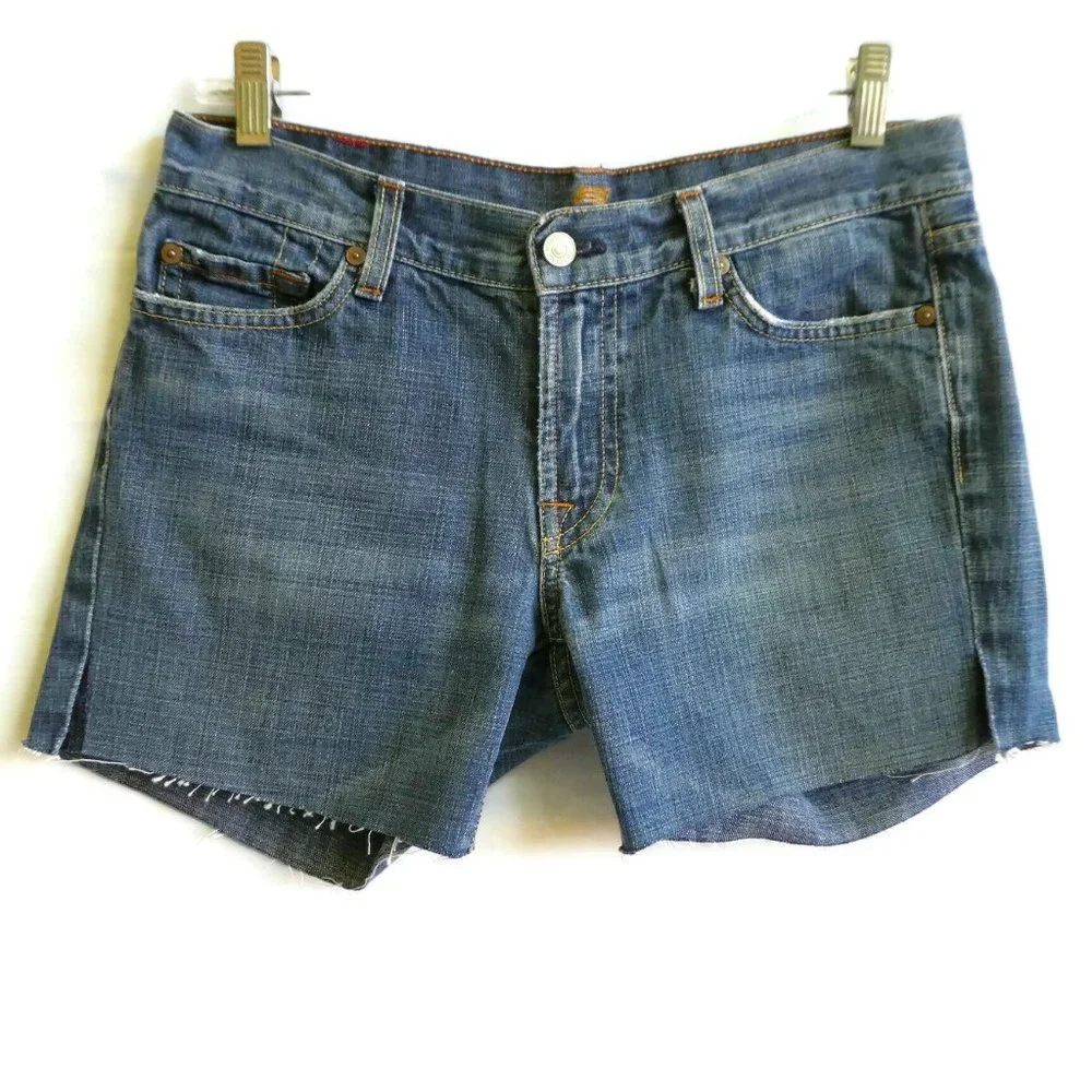7FAM USA Cutoff Shorts Mid Rise Blue Cotton Denim 30 Waist